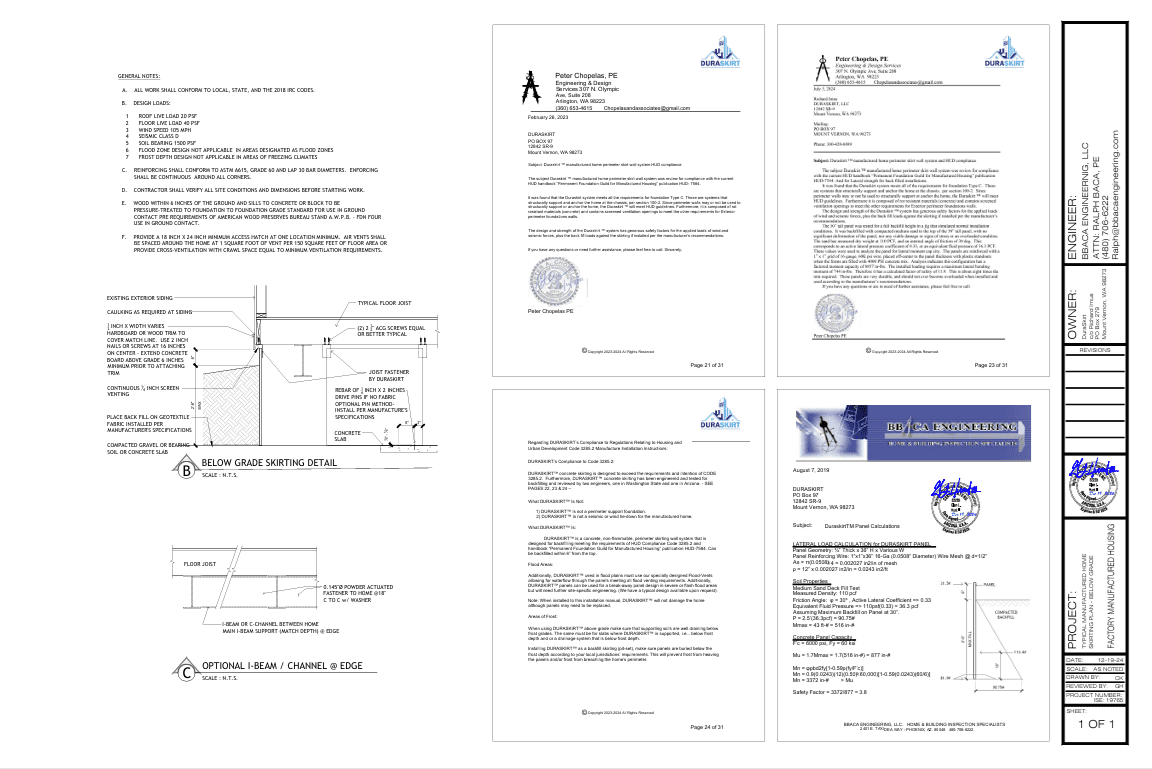 Complete engineered results for DURASKIRT and SDG panels